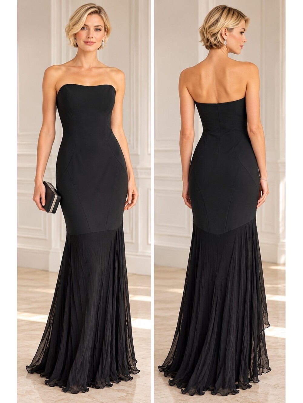 Nicole Miller Black Strapless Mermaid Gown Sheer Pleated Hem Evening Maxi sz 4